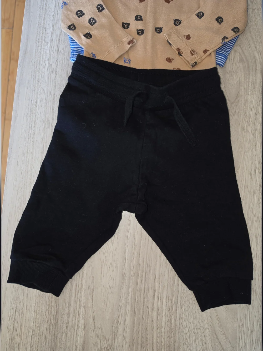 Carter's Tan Bear Print Bodysuit, Blue Striped Top & Black Pants Set